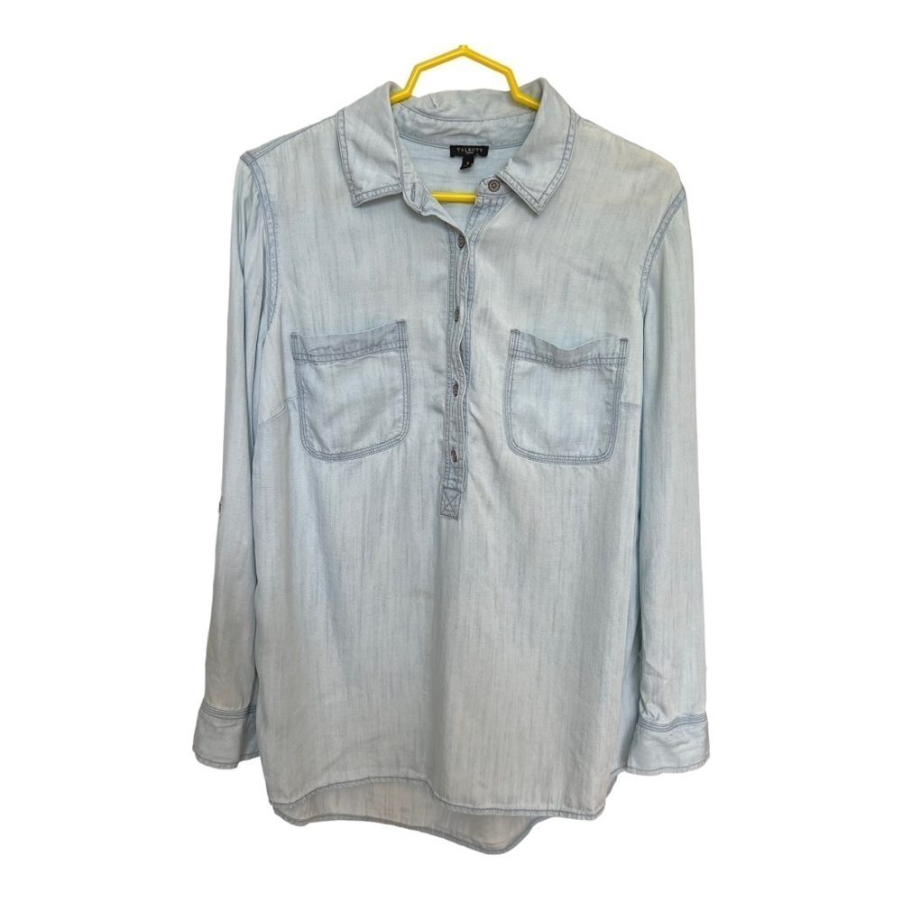 Talbots Women’s Henley Top Chambray Tencel Lyocell‎ Roll Tab Sleeve size X